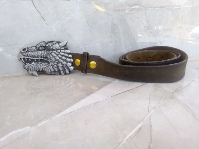 MENS BLACK LEATHER BELT DRAGON BELT BUCKLE UNIQUE DESIGN